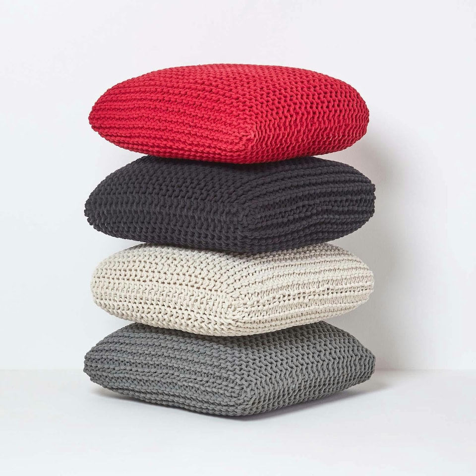 image 1 of Homescapes Red Square Cotton Knitted Pouffe Floor Cushion | Red | 70 x 20 cm