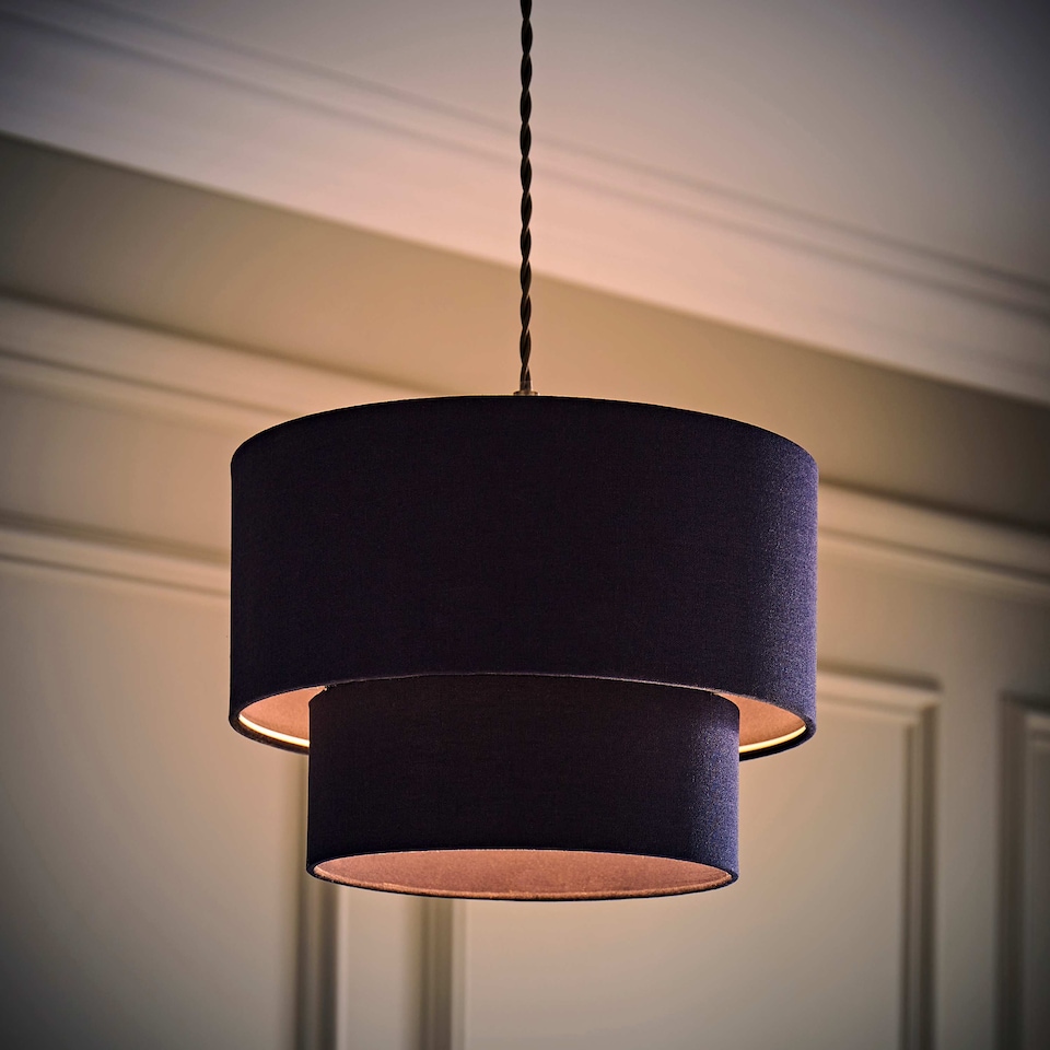 image 1 of ValueLights Jodie Two Tier Navy Linen Ceiling Drum Lamp Shade | Blue