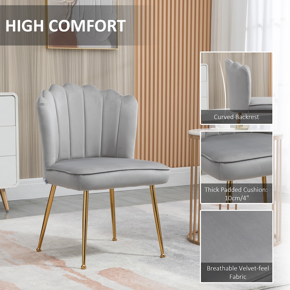 image 1 of HOMCOM Shell Luxe Velvet Accent Chair with Gold-tone Metal Legs, Modern Vanity Chair for Living Room, Bedroom, Home Office, Grey