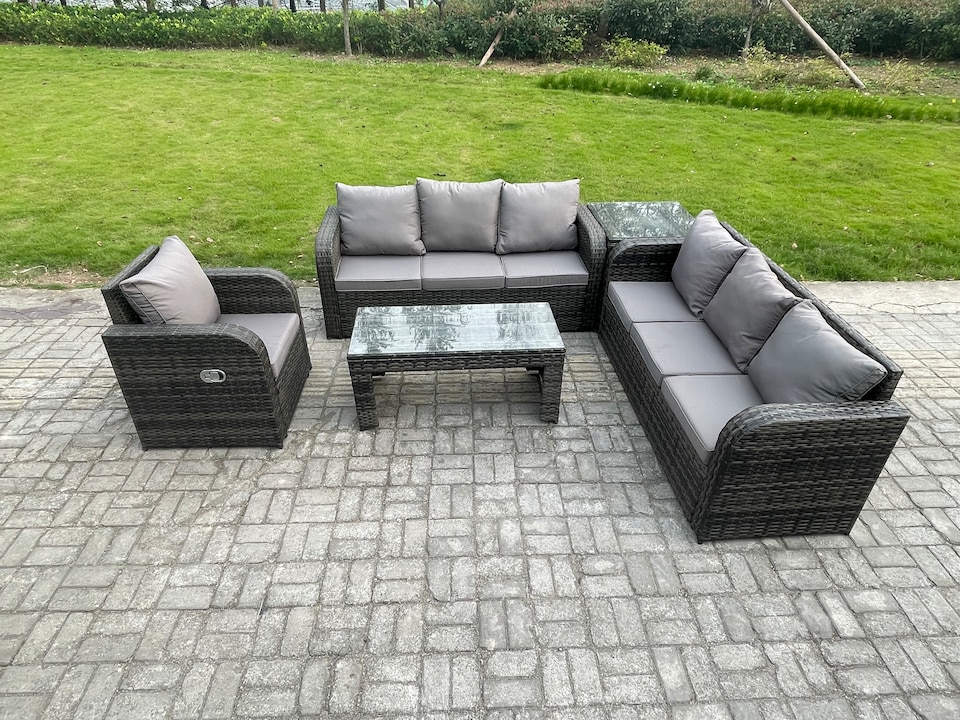image 1 of Fimous 7 Seater Wicker PE Rattan Sofa Set Outdoor Patio Garden Furniture Set with Side Table Reclining Chairs Coffee Table Dark Grey Mixed