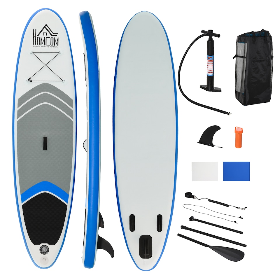 image 1 of HOMCOM 10' x 32' x 6' Inflatable Stand Up Paddle Board, Non-Slip & Ultra-Light Deck with SUP Accessories, Adj Paddle, Backpack Bag, and Three Bottom Fins, for Youth Adults Beginner, Blue | Multi | Blue, White, Grey and Black