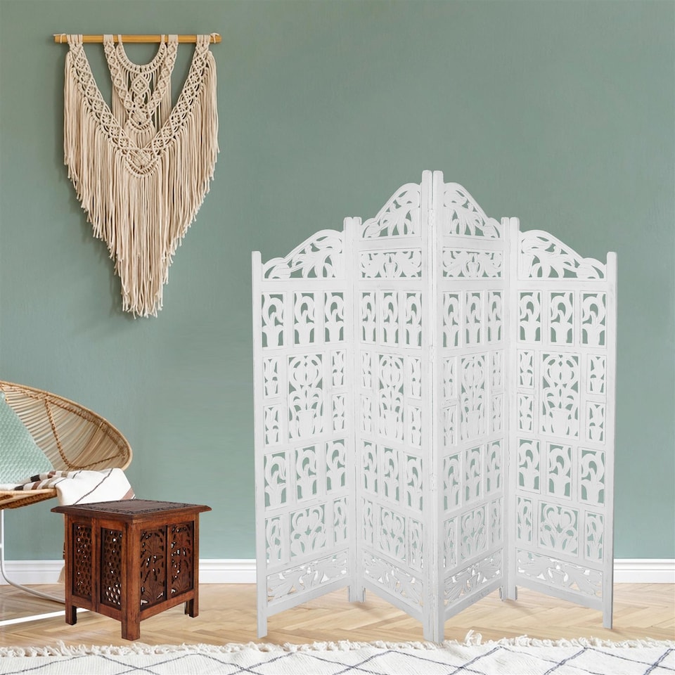 image 1 of 4 Panel Heavy Duty Carved  Screen Wooden Gamla Design Room Divider White 200 x 180 cm | White | White | 200 x 180 cm
