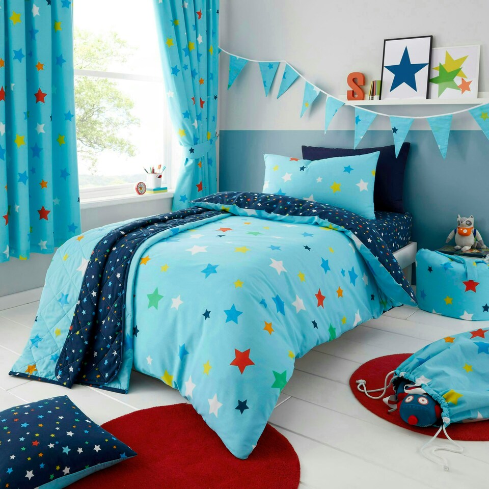 image 1 of Multi Stars Blue Curtains 66" x 54"