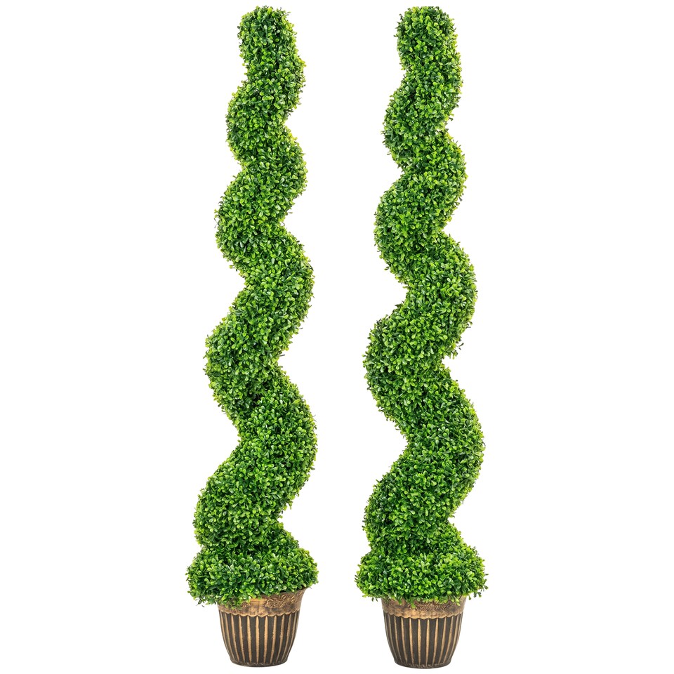 image 1 of HOMCOM Set of 2 Potted Artificial Plants, Topiary Spiral Boxwood Trees | Green | Boxwood Green | 5ft