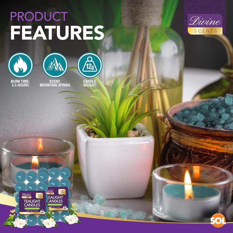 image 1 of 60pk Mountain Spring Scented Tealight Candles – 3.5hr Burn, Refreshing Fragrance for Home, Relaxation, Weddings & Cosy Evenings