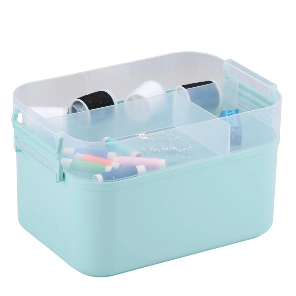 image 1 of Portable Sewing Accessories Box Kit 2 Layer Storage Organiser Trays Carry Handle | Multi | Mint Green