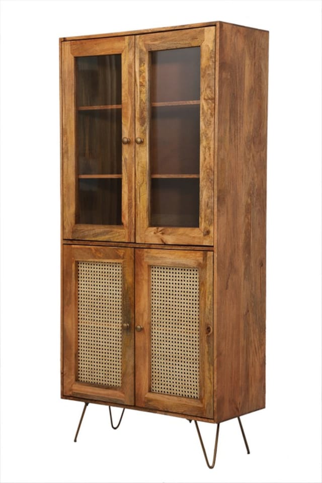 image 1 of Nyack Almiraha Cabinet - Mango Wood/Iron - L45 x W86 x H185 cm - Light Brown with Natural Rattan - Assembly Required