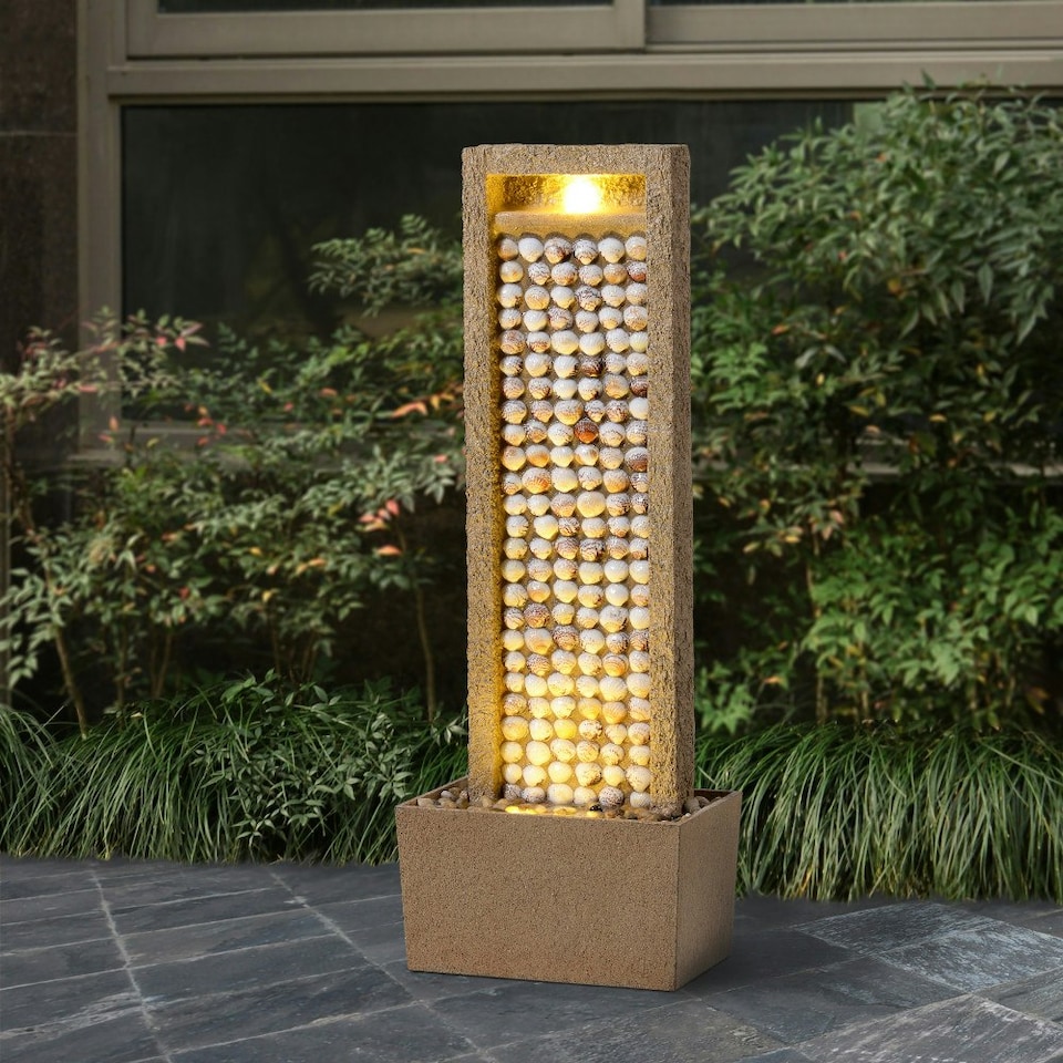 image 1 of Teamson Home Garden Outdoor Water Feature, Tall Waterfall Water Fountain, With Warm LED Lights, Layered Rock Design, Seashells