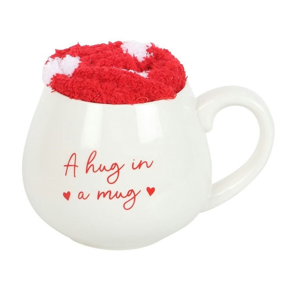 image 1 of Something Different A Hug In A Mug Heart Mug and Sock Set - White/Red - One Size