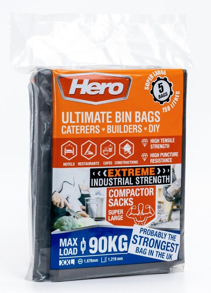 image 1 of Hero Ultimate Heavy Duty Bin Bags 158L Extra Large Refuse Sacks Black 5 Pack 90kg Load Capacity Recycled Plastic