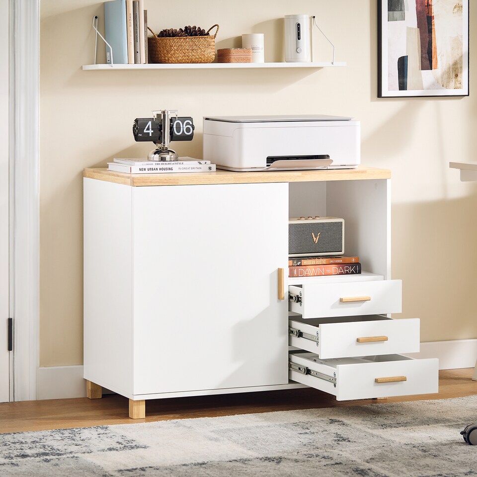 image 1 of SoBuy Printer Stand Under Desk Storage Cabinet with Open Shelf and 3 Drawers, White & Natural Wood, 35.4x17.7x29.5 in, 45.1 kg - ASK07-WN