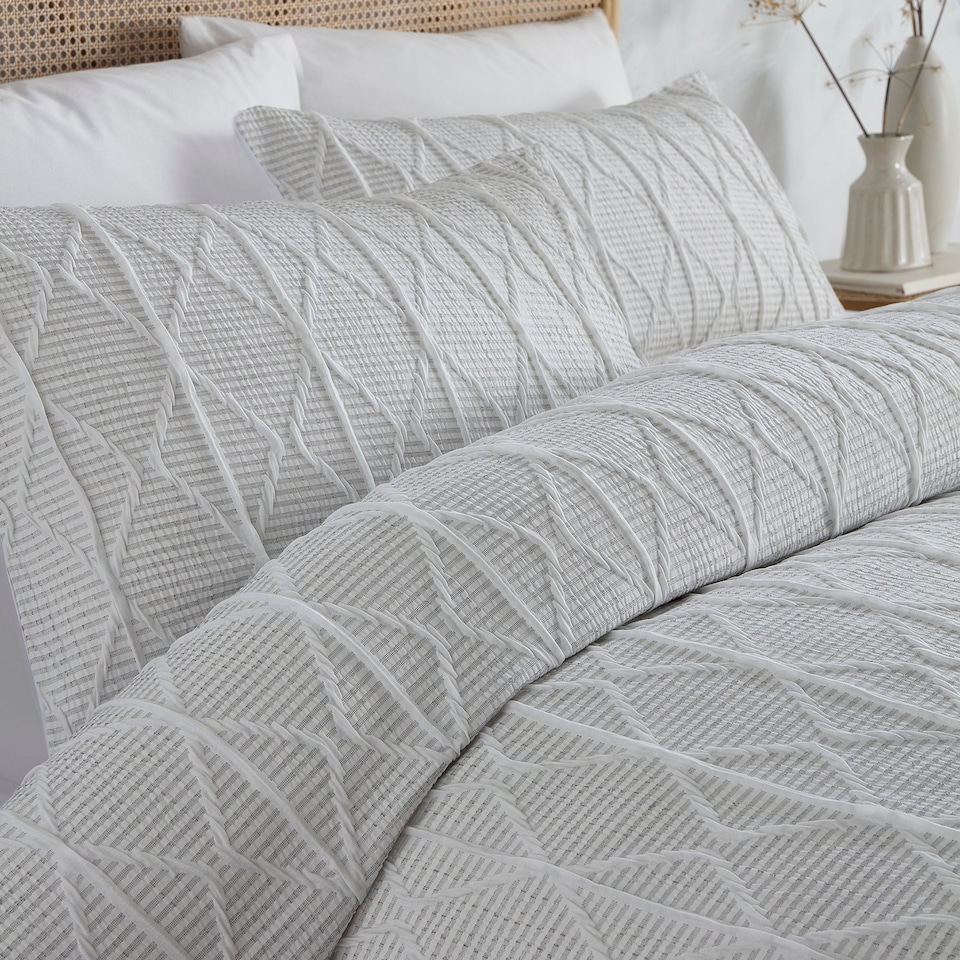 image 1 of Serene Crinkle Stripe Duvet Cover Set White