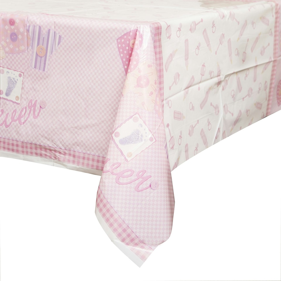 Unique Party Plastic Rectangular Baby Shower Party Table Cover - Pink/White - One Size