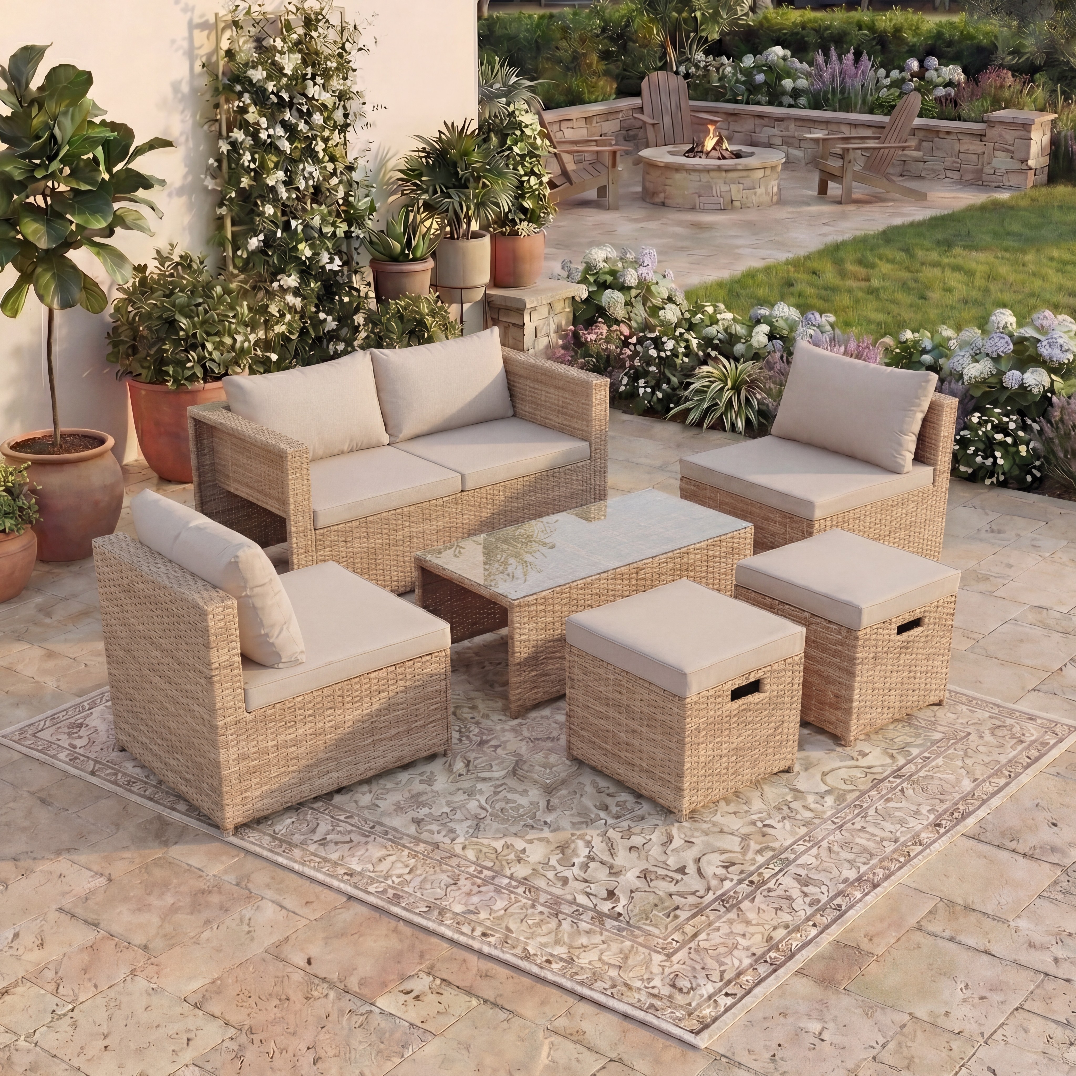 Garden Vida Islay 6 Seater Rattan Outdoor Garden Set with 2 Seater Sofa, 2x Chairs, 2x Stools, Glass Top Coffee Table - Natural