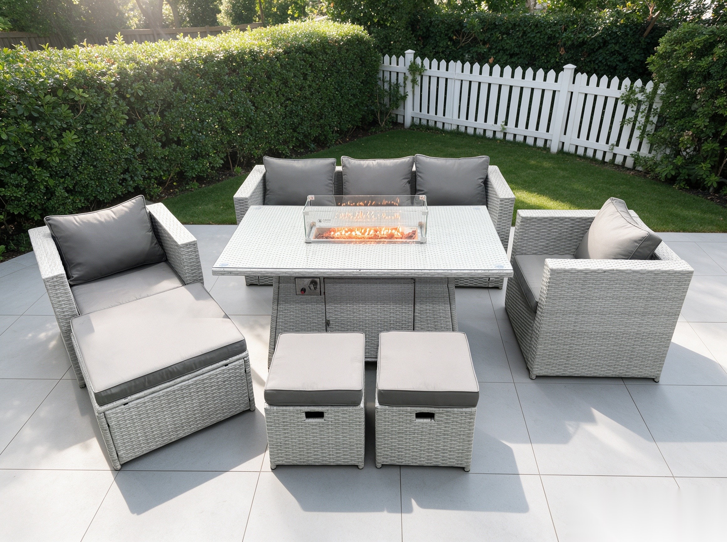 Fimous Light Grey Rattan Fire Pit Garden Furniture Set Gas Heater Burner Chairs With 3 PC Stools