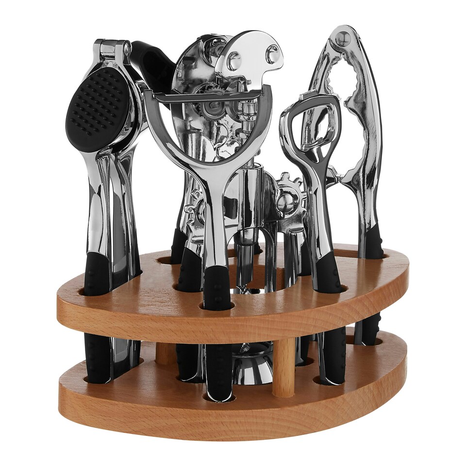 image 1 of Interiors By Premier Chrome Kitchen Tool Set with Natural Wood Stand,7-Piece Essential Gadgets For Food Prep,Unique Utensil Set