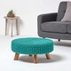 image 2 of Homescapes Teal Green Large Round Cotton Knitted Footstool on Legs
