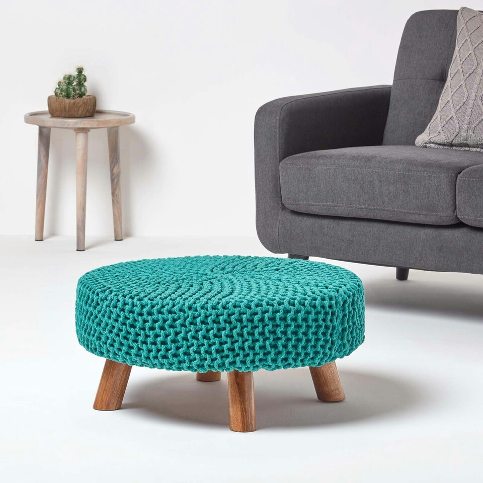 image 1 of Homescapes Teal Green Large Round Cotton Knitted Footstool on Legs