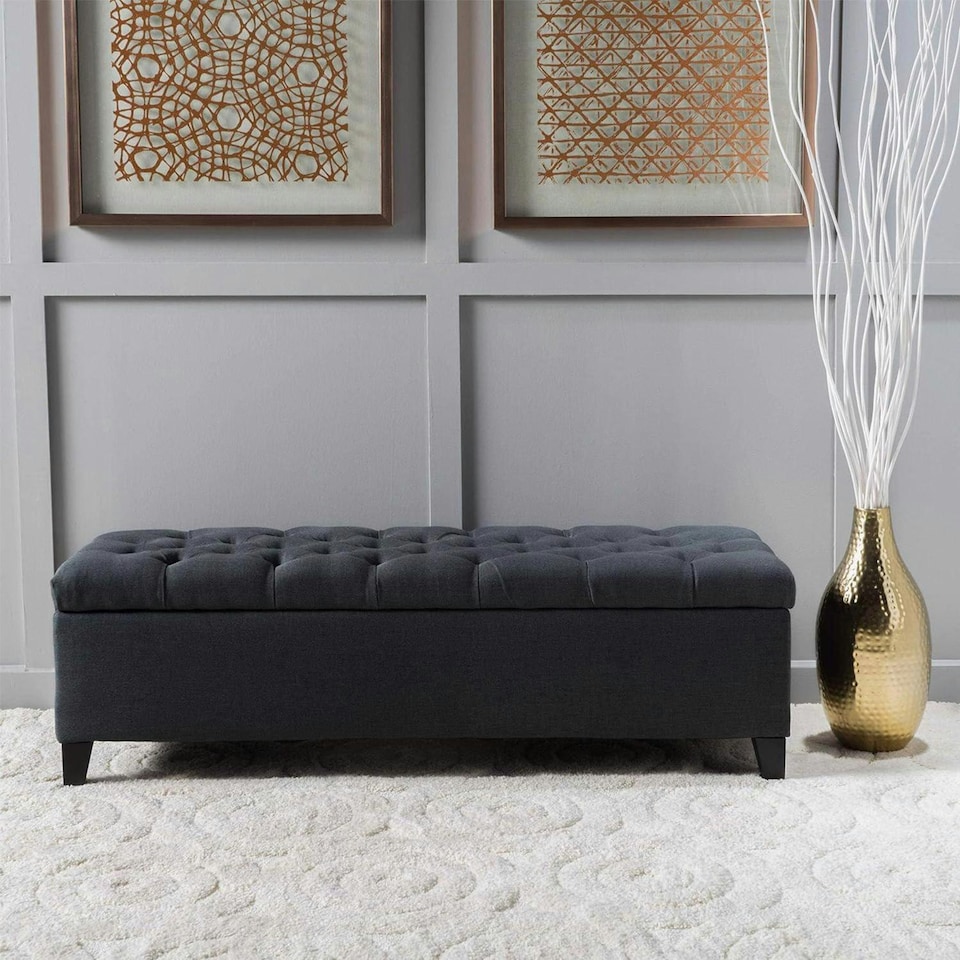 image 1 of Dark Grey Fabric Tufted Ottoman Storage Bench Grey