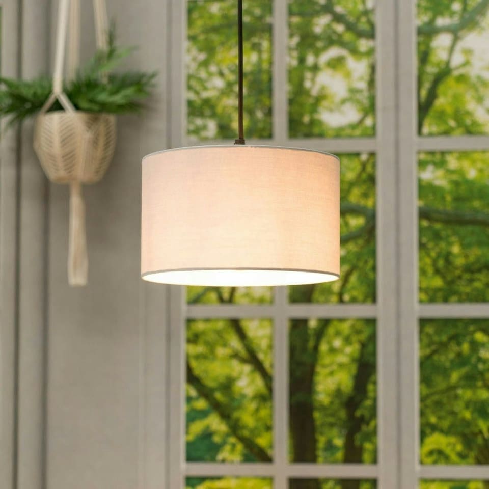 image 1 of ValueLights Pair of - Grey Fabric Cylinder Ceiling Pendant Lampshade/Table Lamp Drum Light Shade - Small