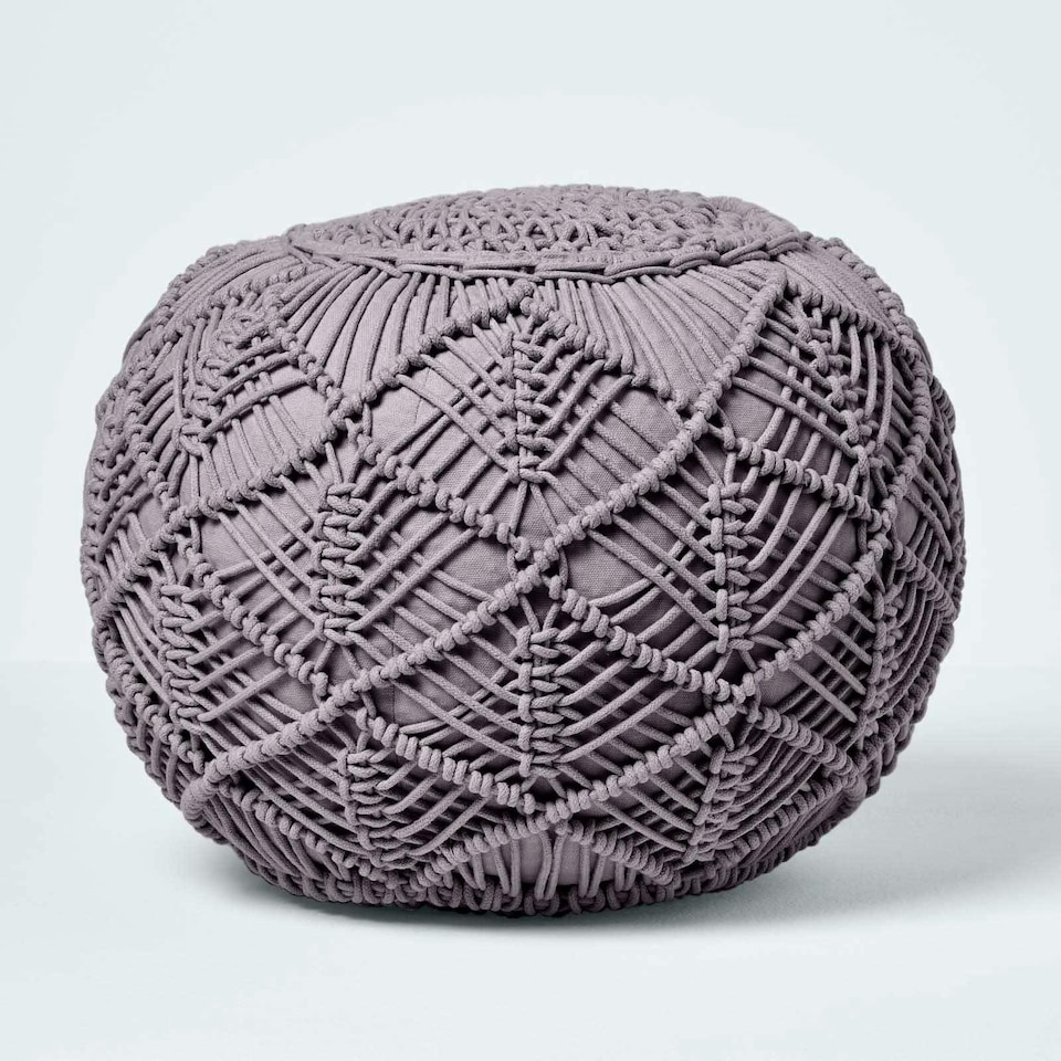 image 1 of Homescapes Grey Macrame Knitted Pouffe - 35 x 40 cm
