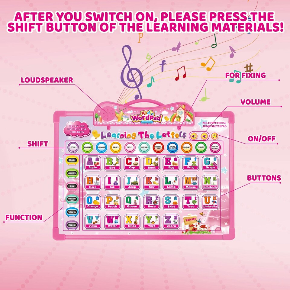 image 1 of Kids Audio WordPad Interactive Talking Educational Poster for Toddlers Learn Alphabet Numbers Animals Shapes and More