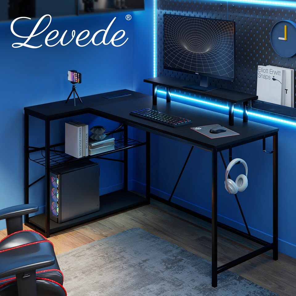 image 1 of Levede L-Shaped Gaming Desk Computer Table with RGB Lights Power Outlets