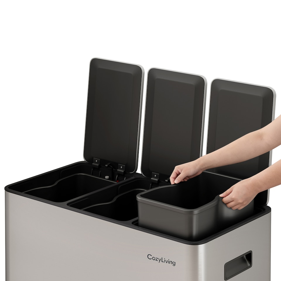 image 1 of CozyLiving 45L Triple Pedal Bin for Recycling and General Waste Rubbish Kitchen Bin 3x 15L