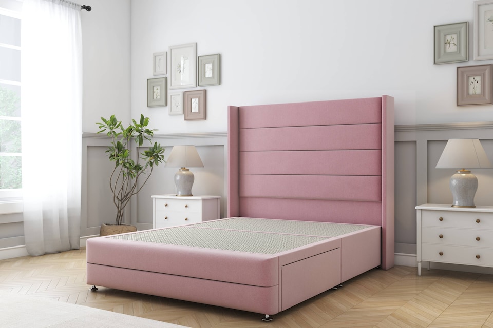 image 1 of Sloomy Sterling Pink Plush Divan Bed Base 2 Drawers Foot-End With 54 Inch Wingback Headboard & 12 Inch Matching Footboard | Pink | Pink | Small Double | 1