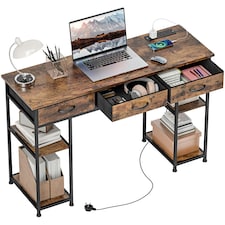 HOMCOM Computer Writing Desk with Power Outlets, Drawers, Shelves, Brown Brown | Rustic Brown