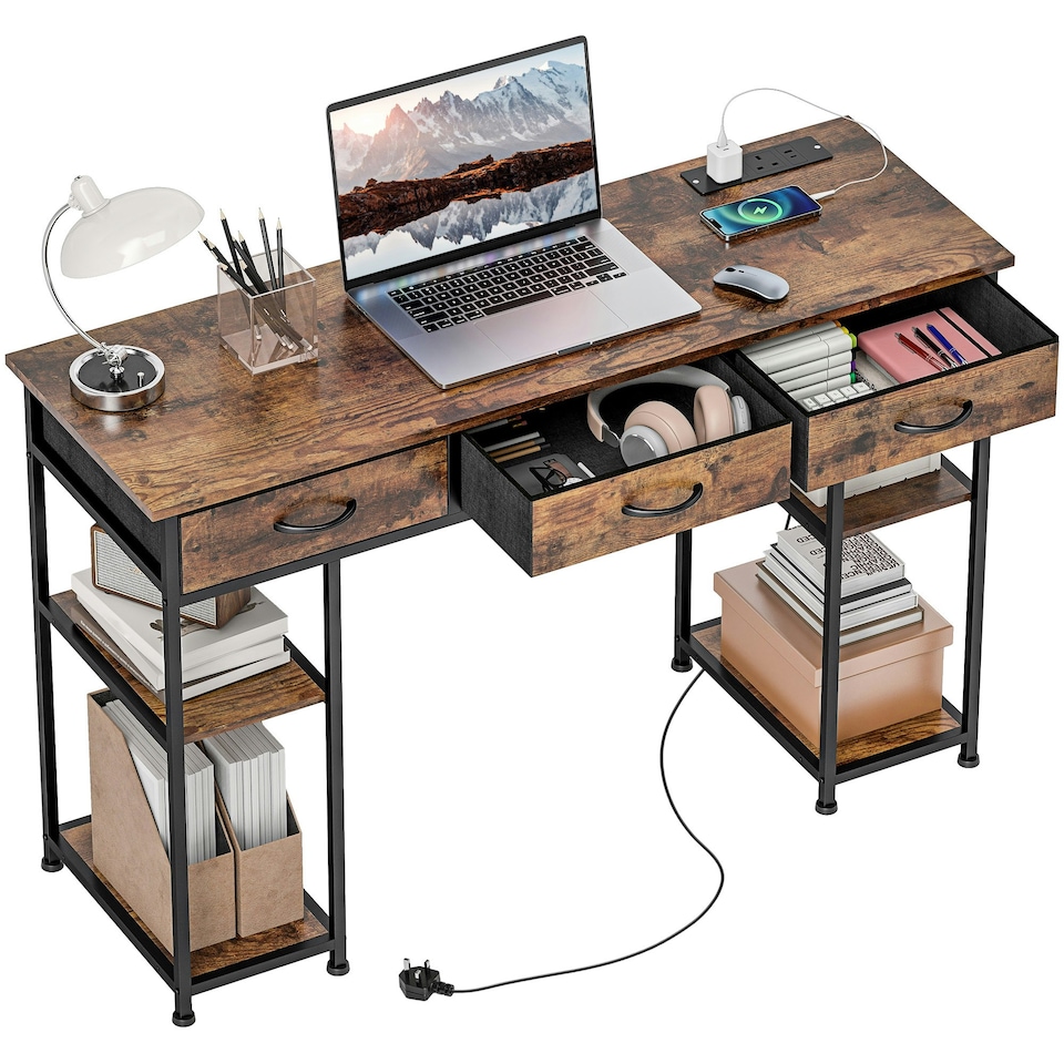 image 1 of HOMCOM Computer Writing Desk with Power Outlets, Drawers, Shelves, Brown Brown | Rustic Brown