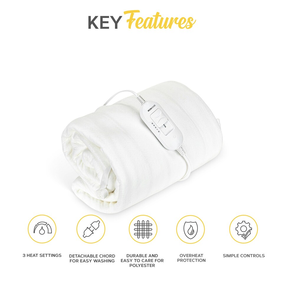 image 1 of MONHOUSE Premium Soft Fleece Electric Blanket - Heated Under Blanket - Detachable Controller & Machine Washable - 3 Heat Settings - Double 120x135cm - White