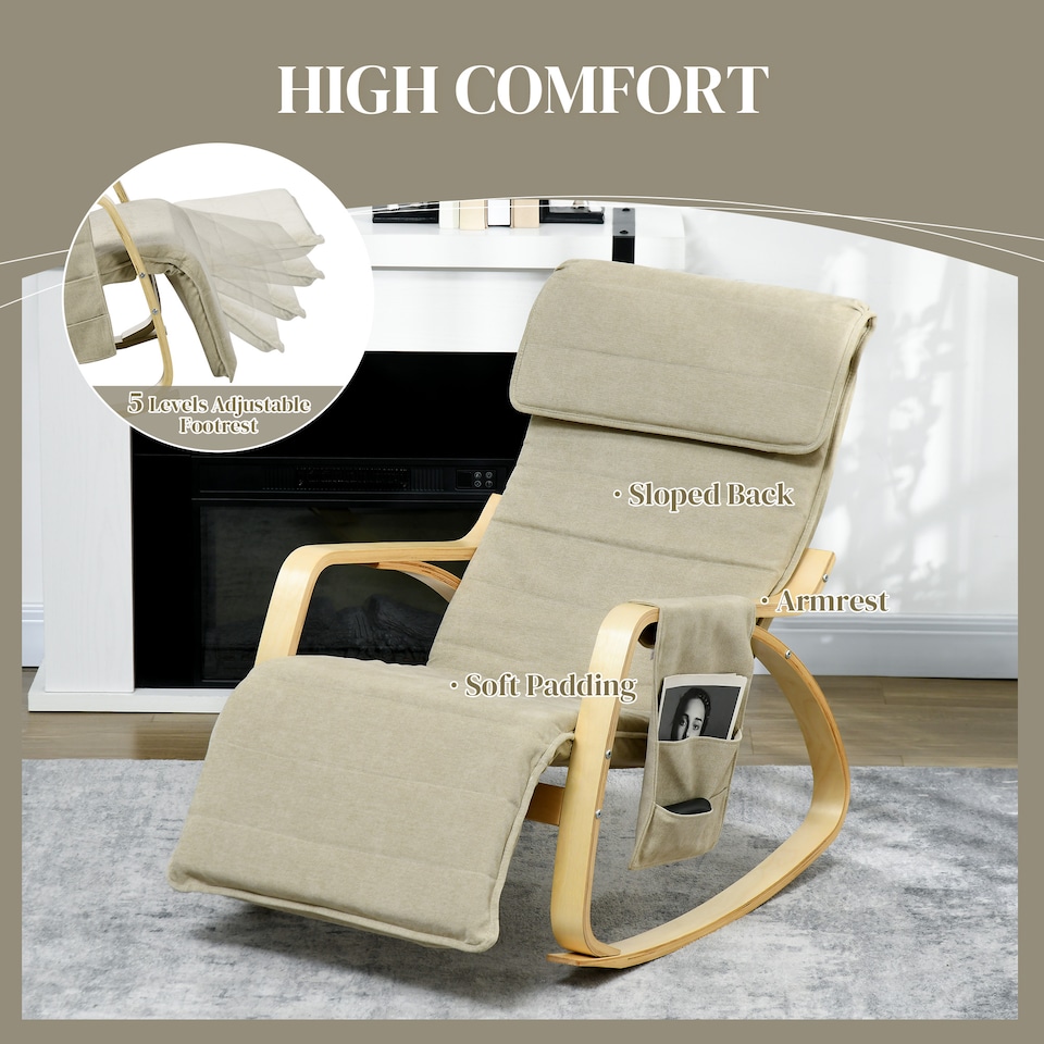 image 1 of HOMCOM Rocking Lounge Chair Recliner Relaxation Lounging Relaxing Seat with Adjustable Footrest, Side Pocket and Pillow, Khaki