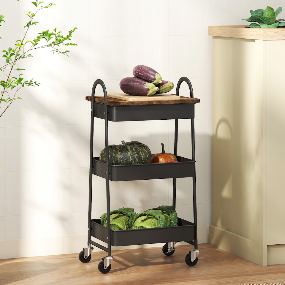 image 1 of HOMCOM 3-Tier Storage Trolley with Covered Top Board, Rolling Utility Cart, Mobile Storage Cart on Wheels with Mesh Baskets for Kitchen, Living Room, Dining Room, Bedroom, Bathroom, Rustic Brown/Black | Brown