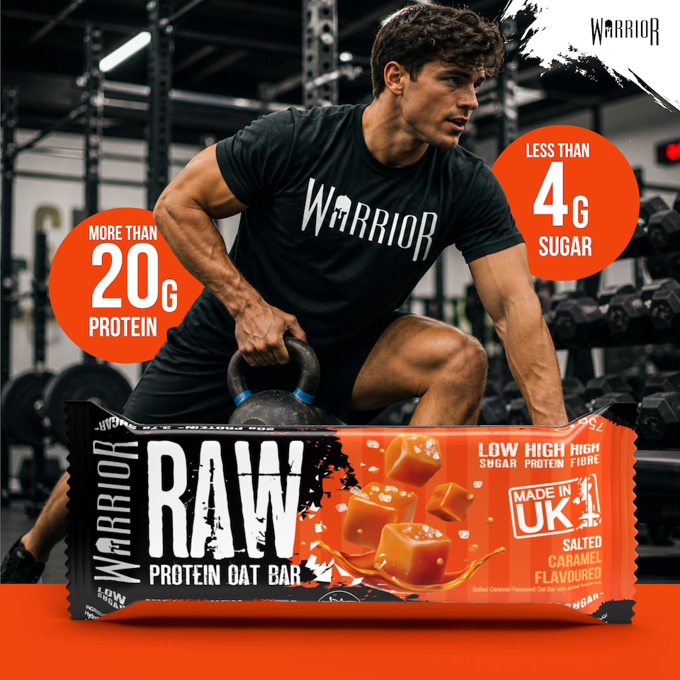 image 1 of Warrior RAW Protein Bars 12 x 75g – 20g High Protein Bar, Low Sugar High Fibre Oat Protein Flapjack – Protein Snacks, Meal Replacement Bars (Strawberry Cheesecake)