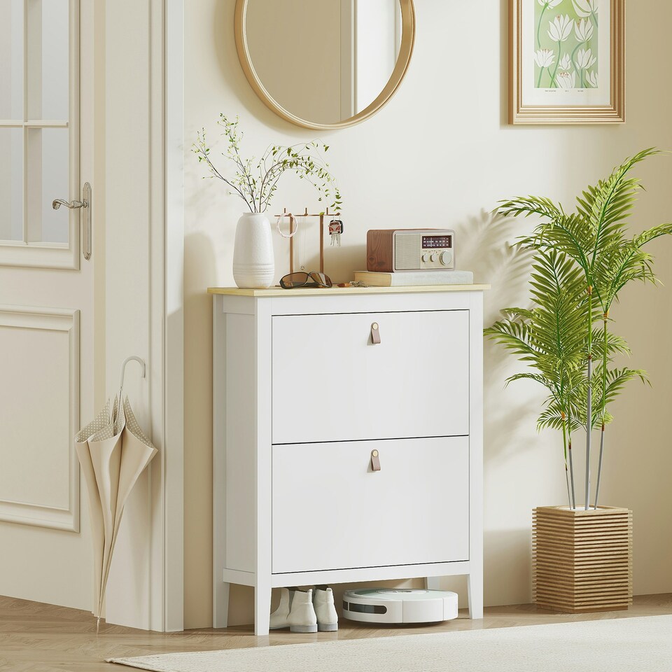 image 1 of HOMCOM 2 Drawer Shoe Cabinet with Flip Doors for Hallway, Entryway White | 80 x 24 x 95.5 cm