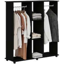 HOMCOM Double Open Wardrobe on Wheels, Bedroom Wardrobe with Clothes Hanging Rails, 3 Storage Shelves, Mobile Garment Rack for Cloakroom, Hallway, Black