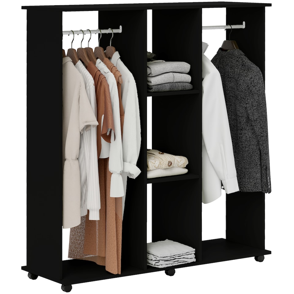 image 1 of HOMCOM Double Open Wardrobe on Wheels, Bedroom Wardrobe with Clothes Hanging Rails, 3 Storage Shelves, Mobile Garment Rack for Cloakroom, Hallway, Black