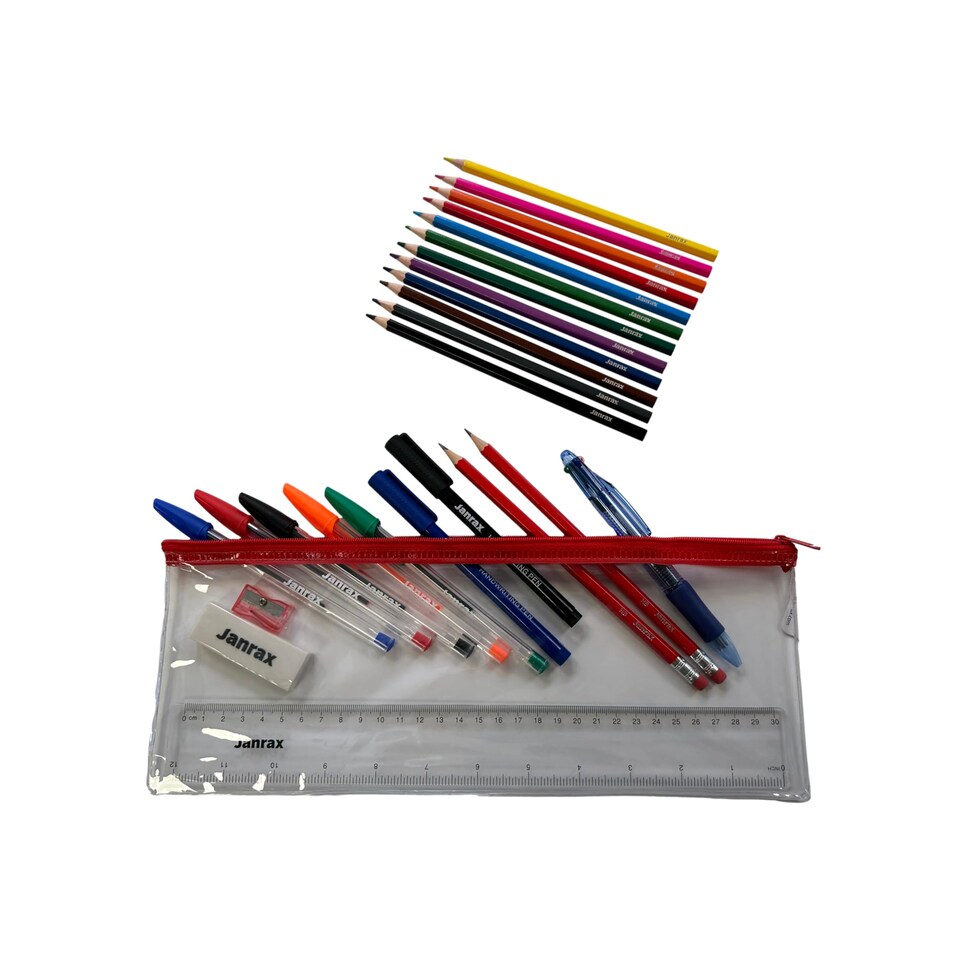 image 1 of Stationery Filled Red Zip 13x5" Pencil Case with Colouring Pencils