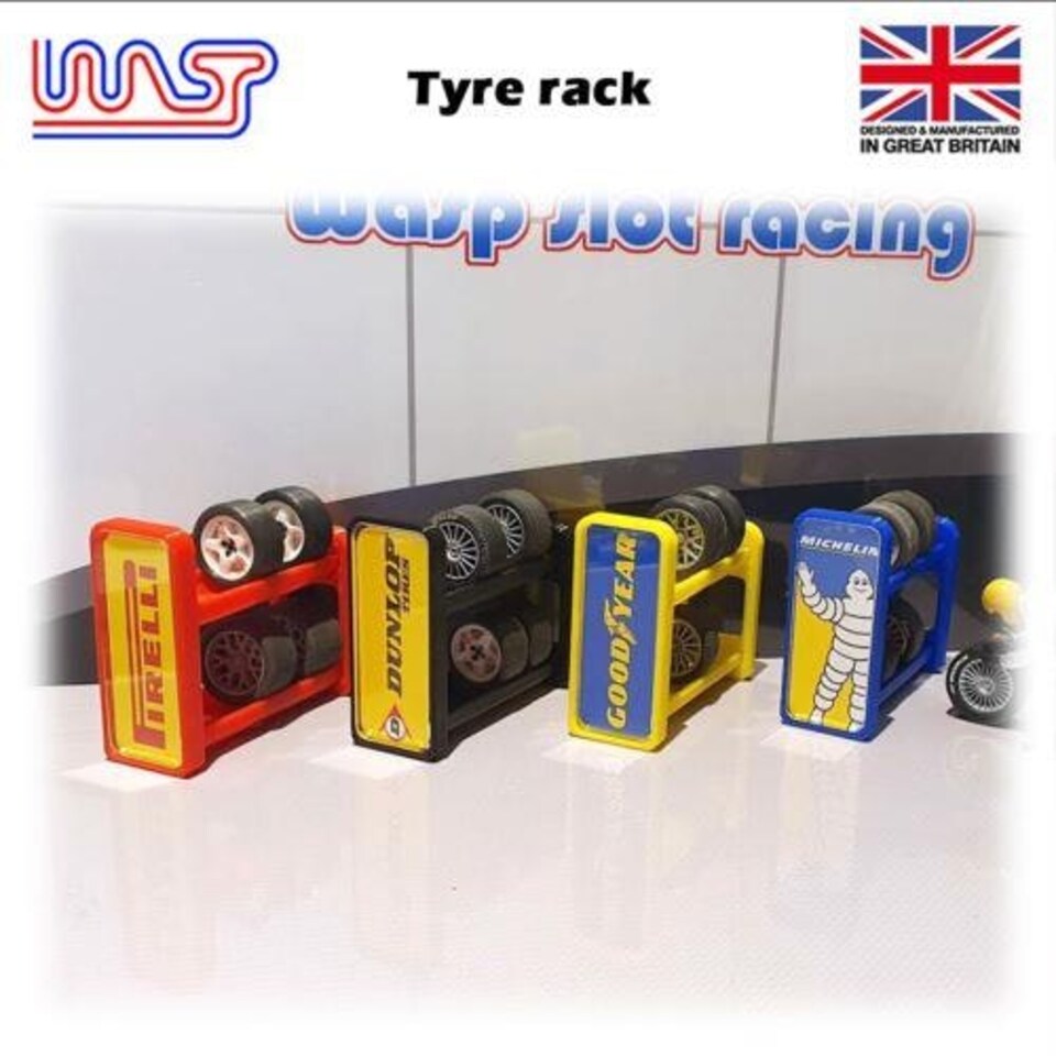 image 1 of Slot Car Scenery Track Side Tyre Wheel Rack White with Logos 1:32 WASP