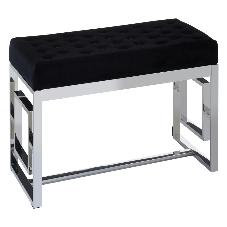 image 1 of Interiors by Premier Black Velvet Tufted Bench With Silver Stainless Steel Frame, Contemporary Button Tufted Accent Bench Black