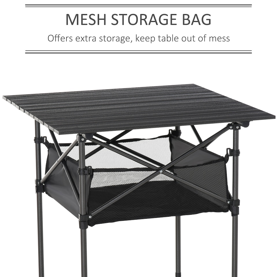 image 1 of Outsunny 70cm Aluminum Roll Top Table w Mesh Bag Camping Outdoor Dining Foldable w Steel Frame Picnic Lightweight Hiking Furniture Desk, Black