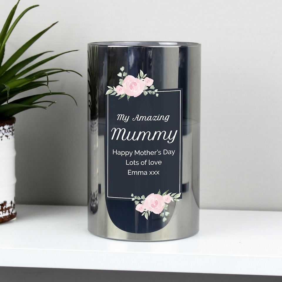 image 1 of Personalised Floral Smoked Glass LED Candle White
