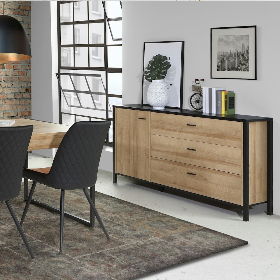 image 1 of High Rock 1 Door 3 Drawer Sideboard in Matt Black/Riviera Oak