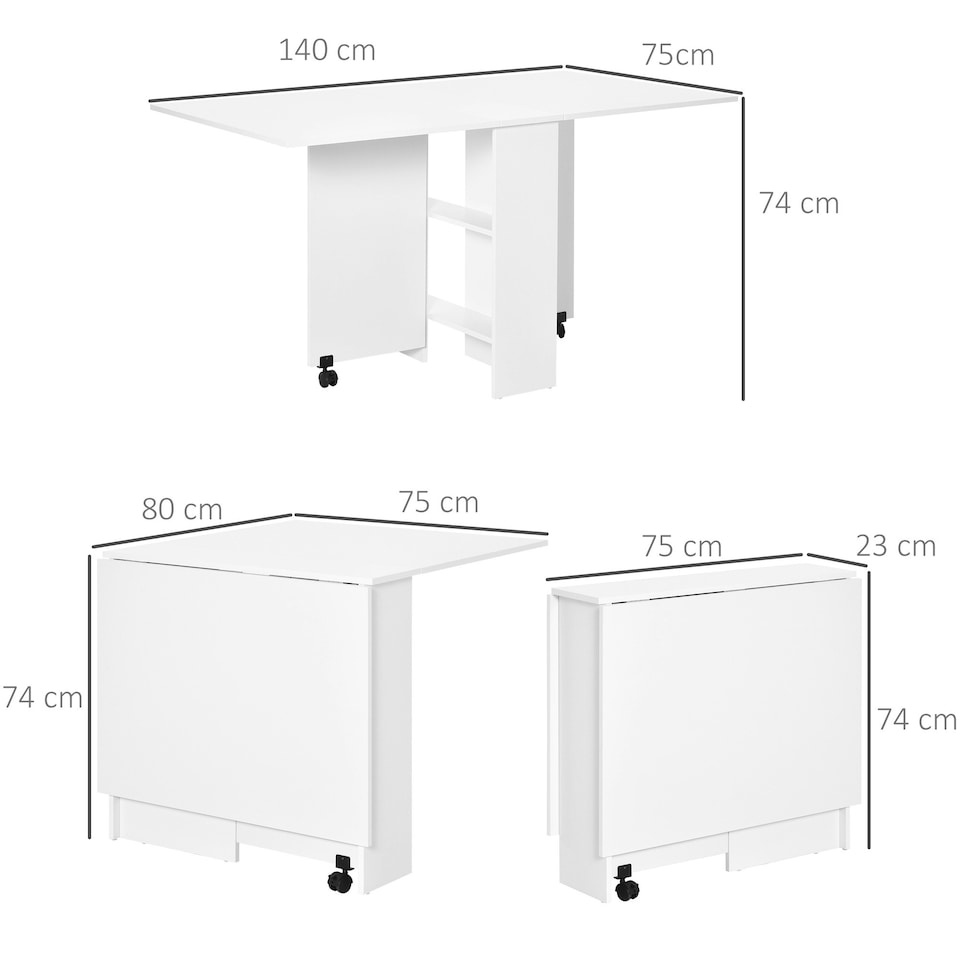 image 1 of HOMCOM Mobile Drop Leaf Dining Table Folding Desk w/ 2 Wheels White