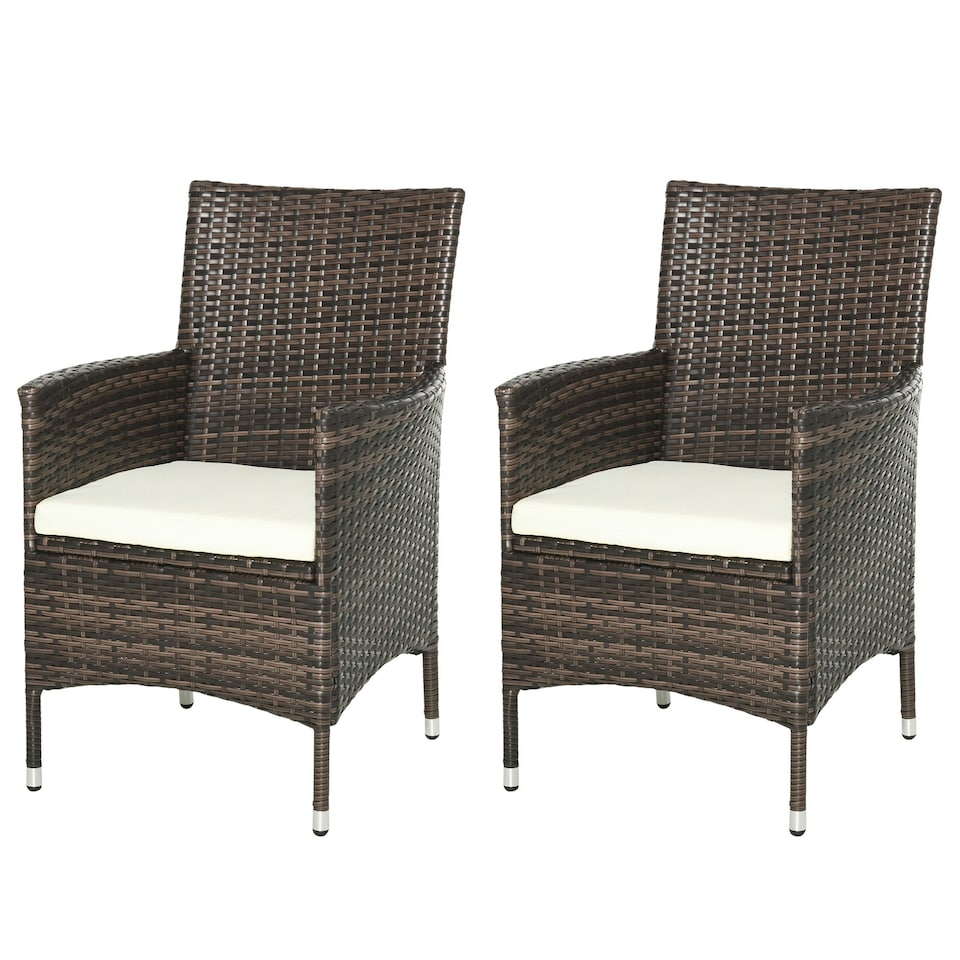 image 1 of Outsunny 2PC Outdoor Rattan Armchair Wicker Dining Chair Set Brown