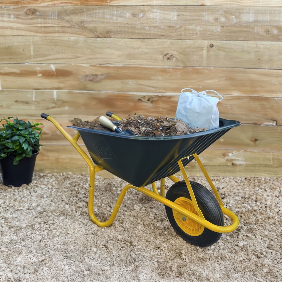 image 1 of Neo Garden Wheelbarrow Heavy Duty 110L 150kg Durable Plastic Green Tray Barrow Pneumatic Wheel Tyre Loads Equine Yard Gardening | Green | Green & Yellow