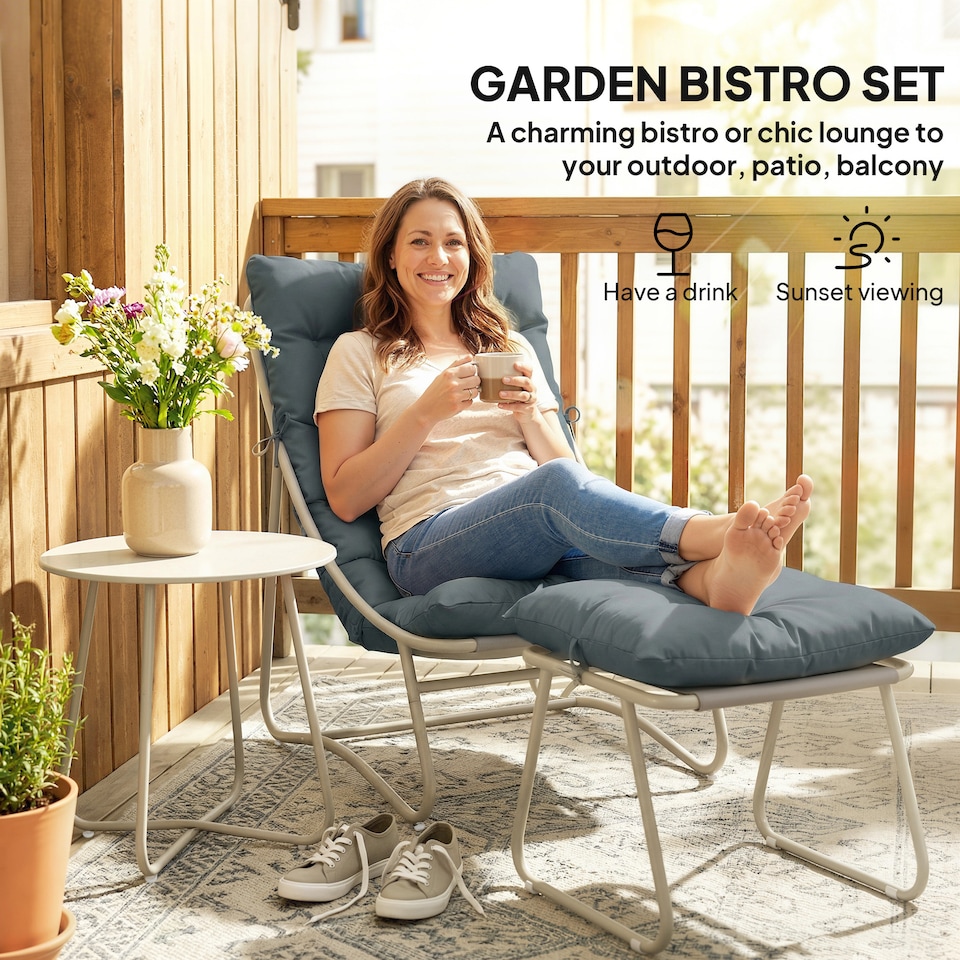 image 1 of Outsunny 3 Piece Bistro Set, Outdoor Table and Chair Set with Footstool | Grey | Dark Grey | Chair: 62x87x86 cm; Table: 46x45 cm; Footstool: 45x45x35 cm