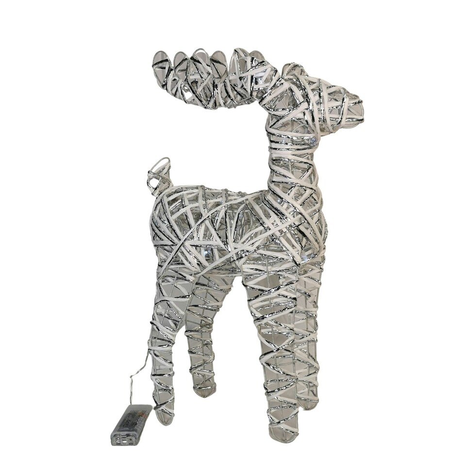 image 1 of 53cm Battery Operated White Rattan Woven Christmas Reindeer with White LEDs