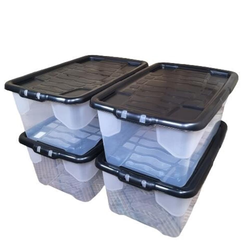 image 1 of 4 x 42L Clear Storage Box with Black Lid, Stackable and Nestable Design Storage Solution